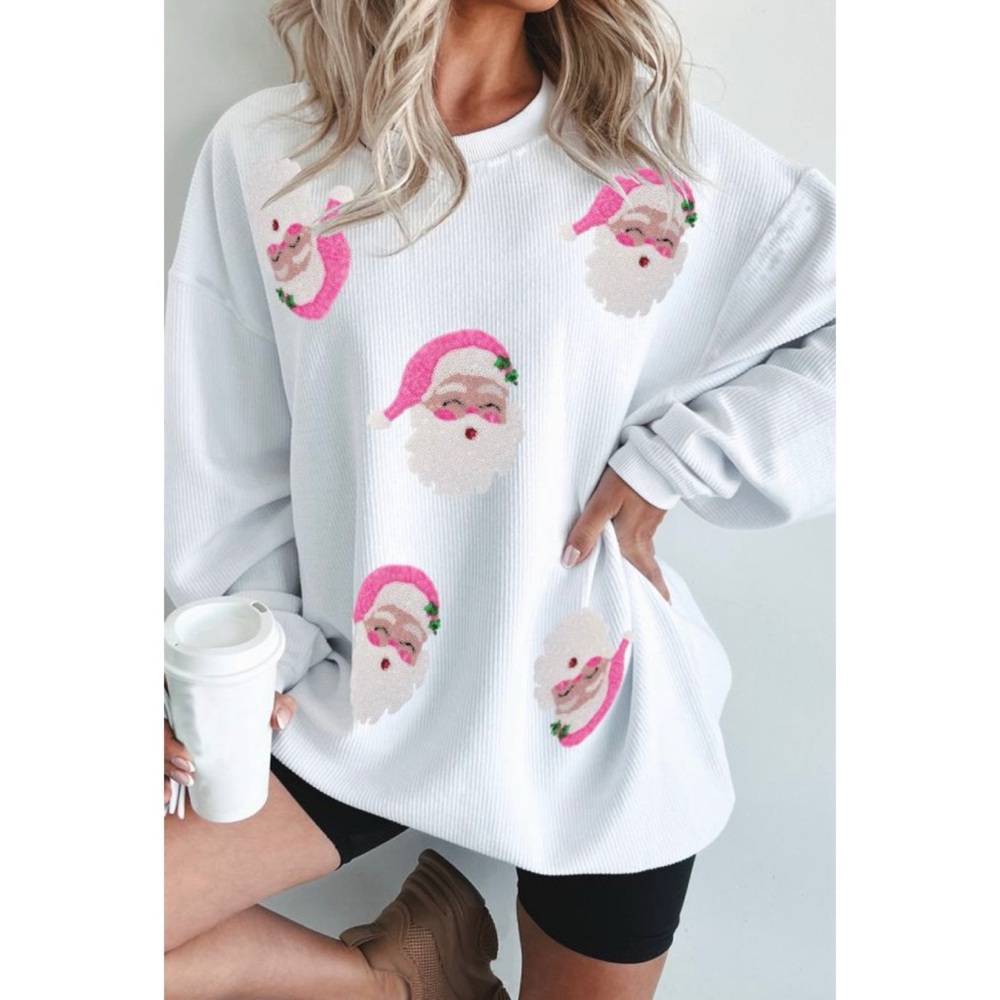 White Ribbed Sweatshirt with Pink Sequin Santa Clauses